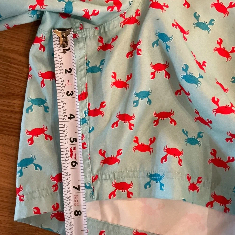 Lands' End‎ Swim Trunks Men Crab Print Aqua Blue Red Lined Drawstring 7.5
